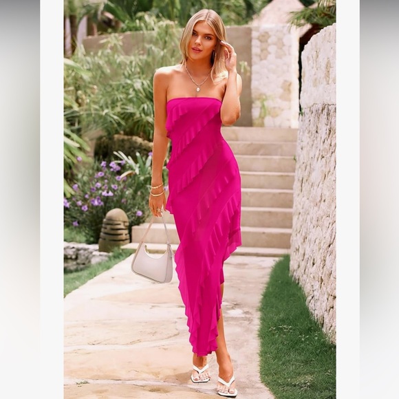 PRETTYGARDEN Women Formal Strapless Tube Asymmetrical Ruffle Maxi Bodycon Dress - Picture 2 of 5